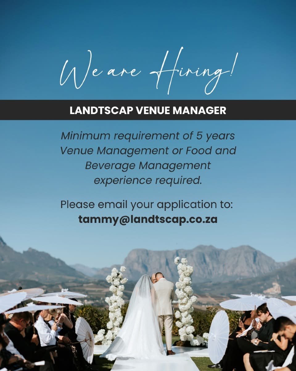 yuthconnect's tweet photo. Are you a skilled venue or hospitality manager ready for your next chapter?
We’re hiring a Venue Manager at Landtscap—5+ years’ experience required.
#Landtscap #NowHiring #VenueManager #StellenboschJobs #HospitalityJobs #WorkWithUs https://t.co/H3ZNn8LkO3