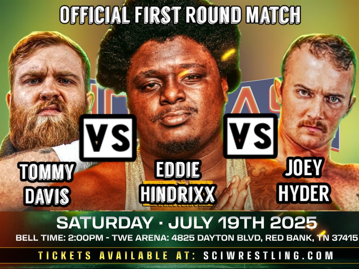 SCI Tickets are on sale now (@scitournament) on Twitter photo *Match Announcement*
Your third and final official 1st round match to be announced for the <a href="/WrestleACTION1/">ACTION Wrestling</a> Futures Showcase Tournament on Saturday July 19th at 2pm at the <a href="/TWE_Chattanooga/">TWE Chattanooga</a> is:
<a href="/TommyDavisGent/">Tommy Davis</a>
Vs
<a href="/DolemiteHindrix/">Eddie Hindrixx</a>
Vs
<a href="/iamhyderman/">Your AMERICAN HERO Joey Hyder</a> *Match Announcement*
Your third and final official 1st round match to be announced for the <a href="/WrestleACTION1/">ACTION Wrestling</a> Futures Showcase Tournament on Saturday July 19th at 2pm at the <a href="/TWE_Chattanooga/">TWE Chattanooga</a> is:
<a href="/TommyDavisGent/">Tommy Davis</a>
Vs
<a href="/DolemiteHindrix/">Eddie Hindrixx</a>
Vs
<a href="/iamhyderman/">Your AMERICAN HERO Joey Hyder</a>