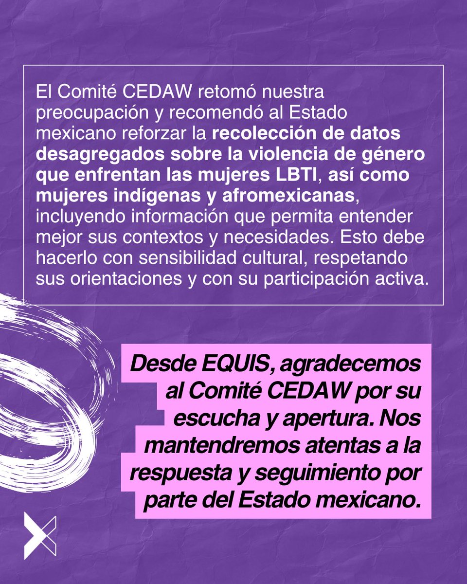 EquisJusticia's tweet image. Desde #EQUIS celebramos que el Comité #CEDAW retomó algunas de nuestras propuestas en sus observaciones a 🇲🇽, entre ellas la de generar datos sobre mujeres #LBT en el sistema judicial. Llamamos al Estado mexicano a aceptar y cumplir con las recomendaciones.
Conoce nuestro…