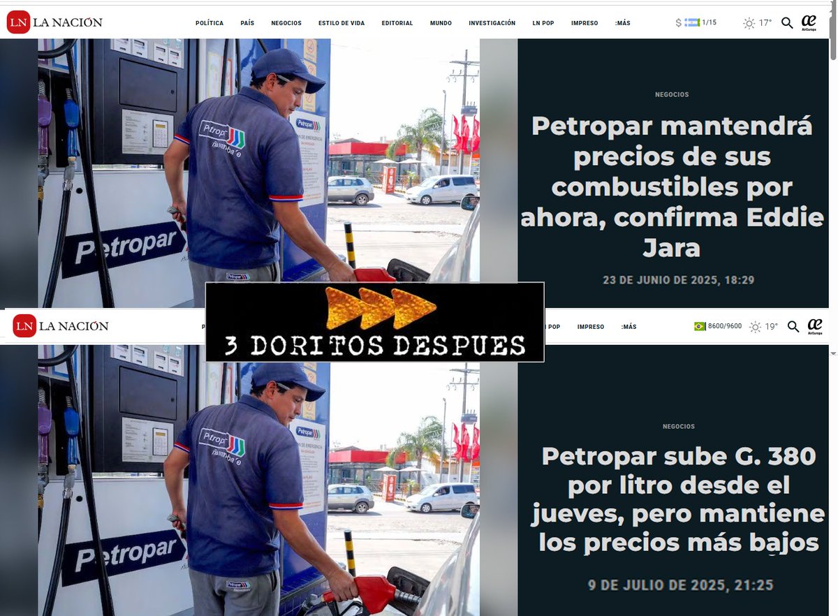 CuartoPoder_Py's tweet photo. 🔴GOBIERNO INCUMPLE PROMESA DE MANTENER PRECIOS DE COMBUSTIBLES POR PRESIÓN DE EMBLEMAS PRIVADOS Y LA "PRENSA ENEMIGA"

◾La petrolera estatal @Petropargov aplicará un nuevo reajuste desde las 00:00 del jueves 10 de julio. Los aumentos tendrá un reajuste de G. 380 por litro. De esta manera se disminuye la brecha de diferencia de precios con los emblemas privados. Las estaciones que están fuera del radio de Villa Elisa podrán aplicar un adicional por flete.

◾La medida ya fue comunicada oficialmente a los operadores de estaciones de servicio de todo el país.

◾Con este reajuste, el Diésel Porā pasa de G. 6.920 a G. 7.300 por litro, mientras que el Diésel Mbarete sube de G. 8.720 a G. 9.100.

◾En cuanto a las naftas, Kape 88 costará G. 6.240 (antes G. 5.860), Oikoite 93 aumentará de G. 6.360 a G. 6.740 y la Aratiri 97 llegará a G. 8.090 por litro (anteriormente G. 7.710).
Vía @ABCDigital
