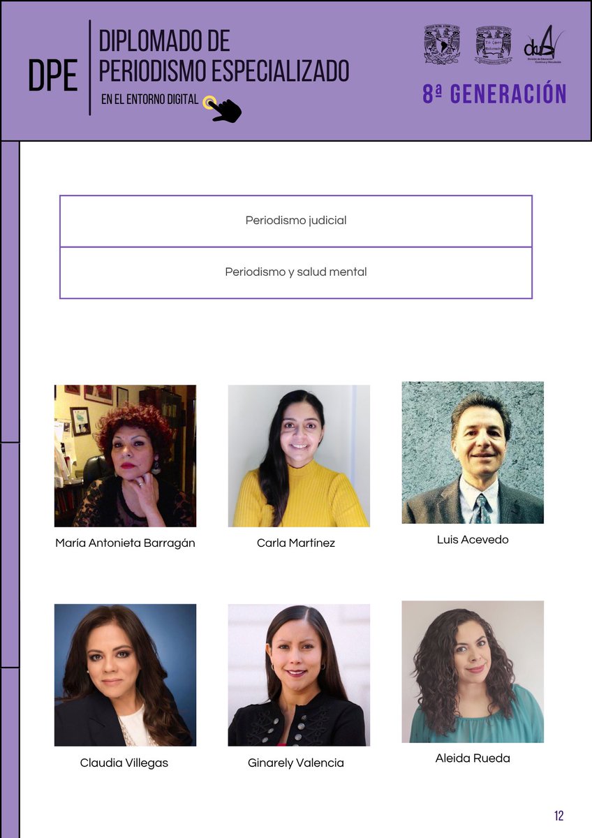 DPE_UNAM's tweet image. Nuestro programa se mantiene a la vanguardia. Les compartimos el módulo III, donde se abordan varios contenidos temáticos del periodismo especializado. ¡Checa la planta docente y de contenidos! 👇@UNAM_FCPyS @UNAM_MX