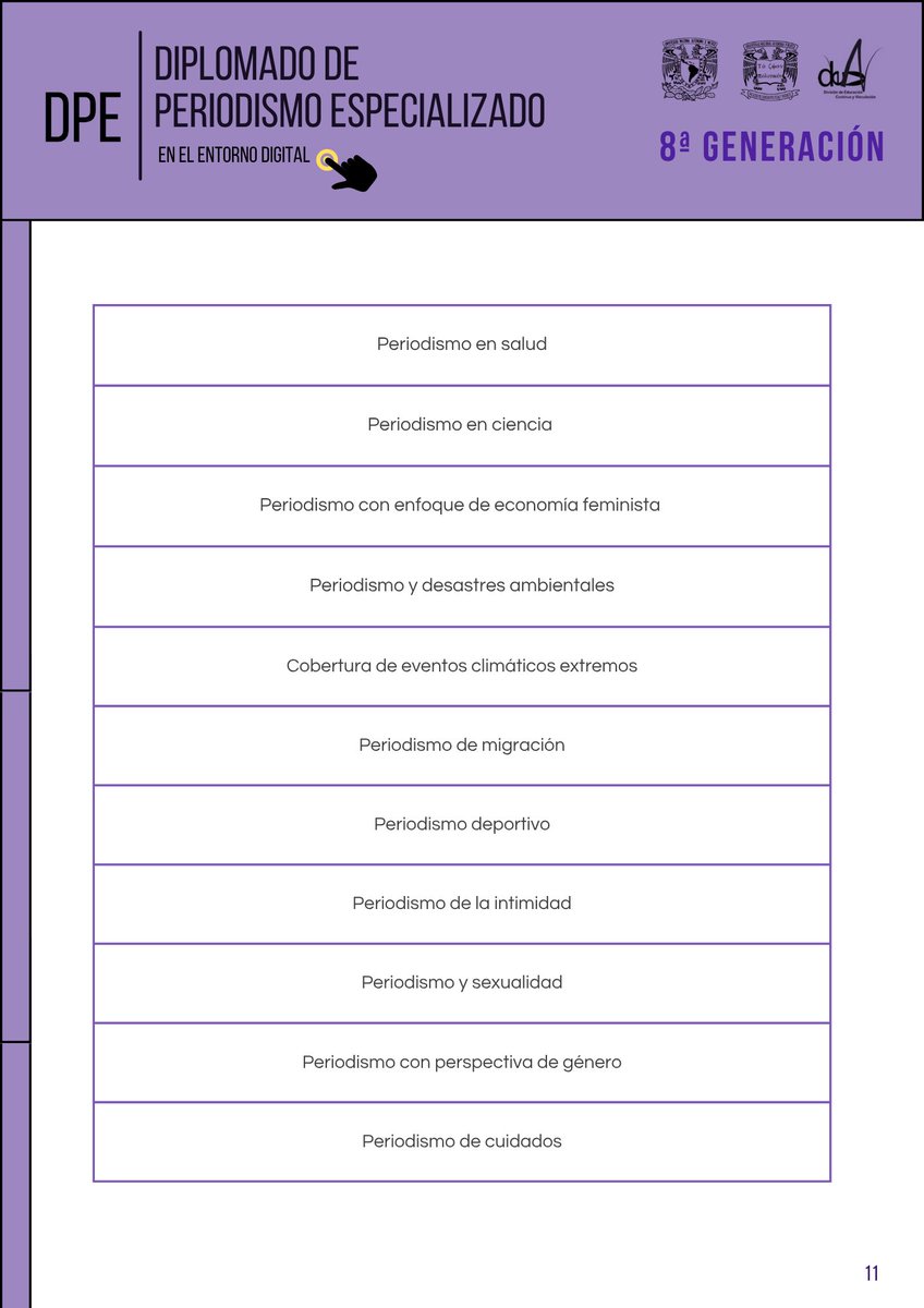 DPE_UNAM's tweet image. Nuestro programa se mantiene a la vanguardia. Les compartimos el módulo III, donde se abordan varios contenidos temáticos del periodismo especializado. ¡Checa la planta docente y de contenidos! 👇@UNAM_FCPyS @UNAM_MX