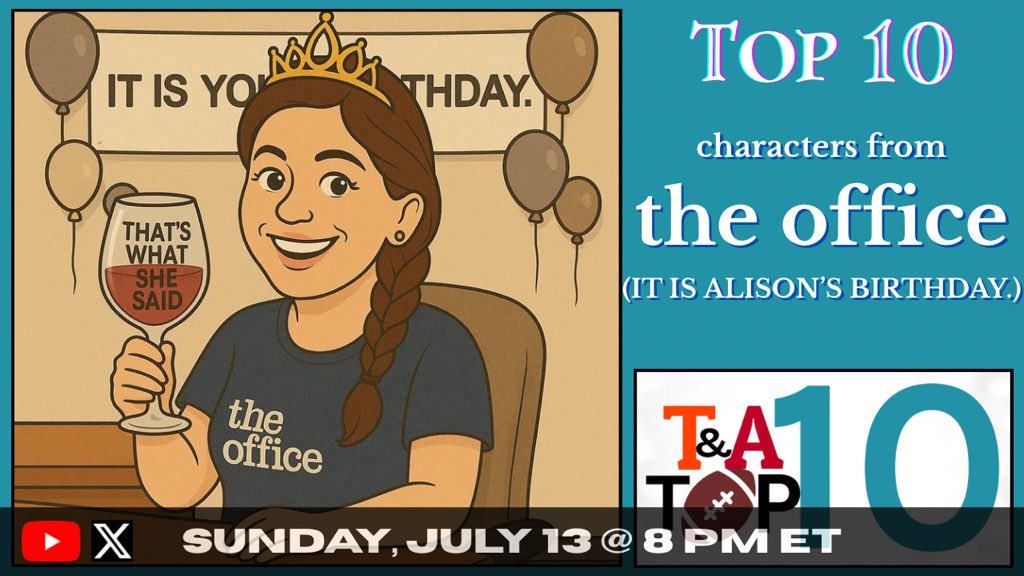 IT IS ALISON'S BIRTHDAY.

...so we are celebrating her by letting her choose this week's Top 10 List! She chose the Top 10 Characters from The Office. Join us in voting using the link below, then join us on Alison's actual birthday Sunday as we reveal the results and talk about a