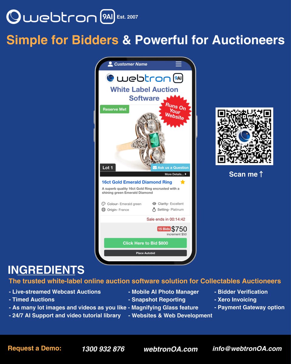 globalauctions1's tweet photo. Simple for bidders, powerful for auctioneers. Webtron’s white-label auction software runs on your website. 💻 Try a demo: https://t.co/LeuG7o6mWI
#AuctionSoftware #WebcastAuctions #WhiteLabelTech #OnlineAuctions #AIinAuctions #BidderTools #Collectables #AuctionHouse #Xero https://t.co/NCbNkiFjKY