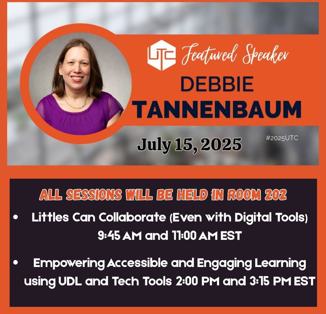 TannenbaumTech's tweet image. It’s less than a week away! Are you attending #2025UTC? If so, I would love for you to join me for one or more of my featured speaker sessions on July 15th! The @upstatetech is one of a kind and I can’t wait to connect with amazing educators there!!