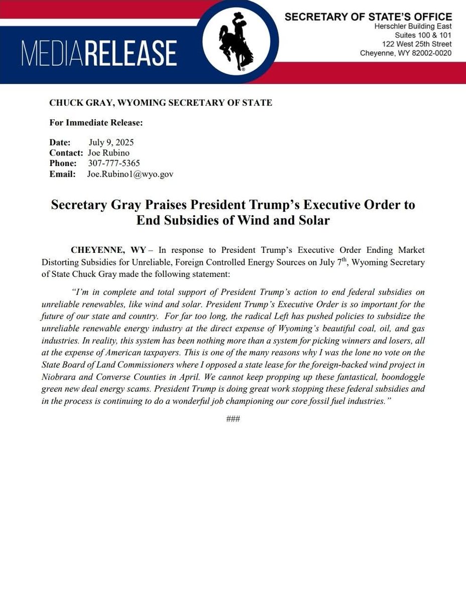ChuckForWyoming's tweet image. I’ve released the following statement expressing my complete and total support of President Trump’s action to end federal subsidies of wind and solar.