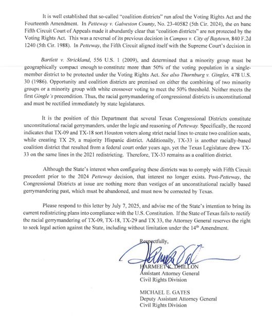PollTracker2024's tweet photo. Greg Abbott references a letter from the DOJ about "constitutional concerns" related to congressional districts #TX09, #TX18, #TX29 and #TX33.

“It is the position of this Department that several Texas congressional districts constitute unconstitutional racial gerrymanders." https://t.co/2lfrjkac62