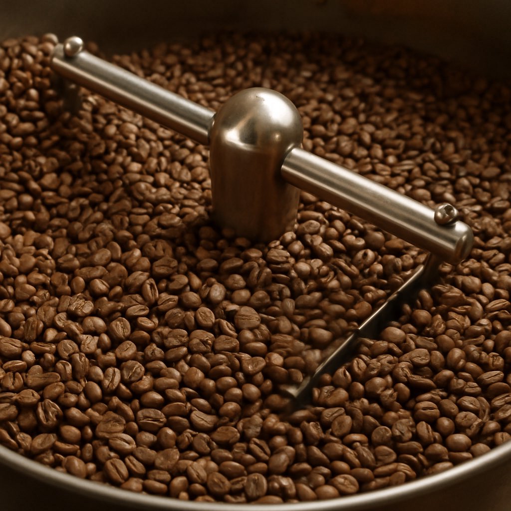 Roasting hits 400°F. Beans crack like popcorn. Then we drop ‘em into a steel tray to cool fast — not for show, for flavor. <a href="/OneMugCoffee/">°M</a>
