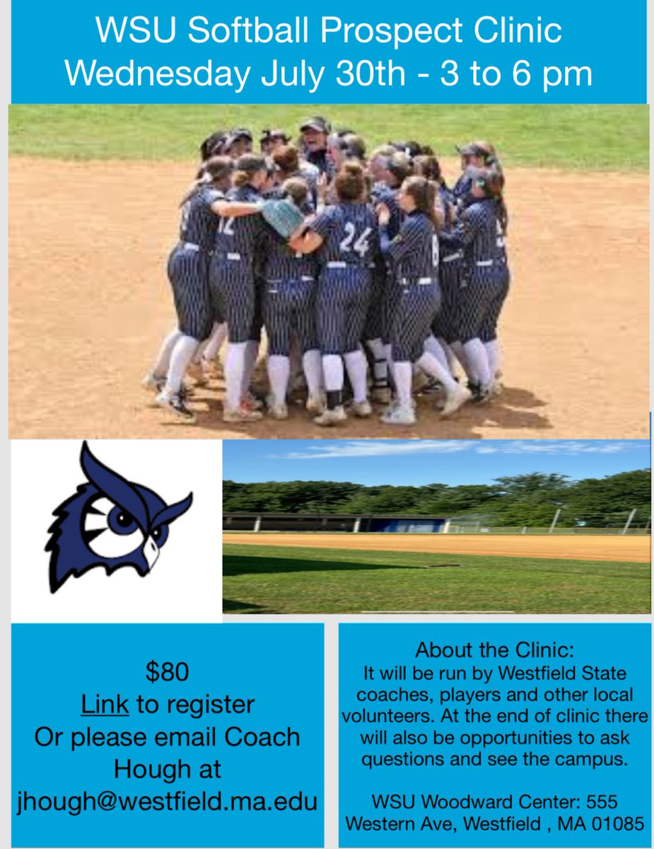Coach Hough WSU Softball (@coachhough413) on Twitter photo Only a few weeks away!
Send me a message for the sign up link or an email jhough@westfield.ma.edu Only a few weeks away!
Send me a message for the sign up link or an email jhough@westfield.ma.edu