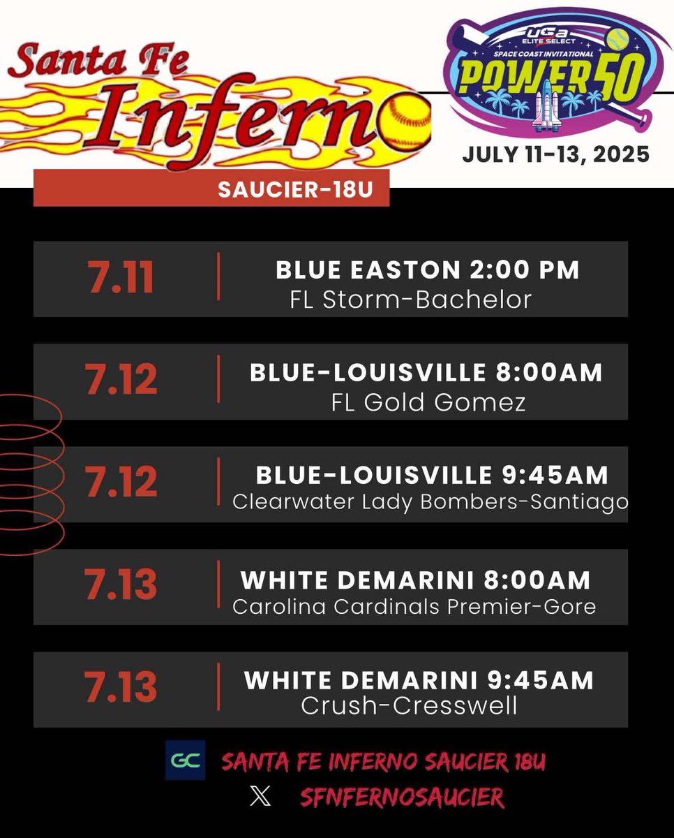 Ready to hit the turf this weekend🔥 Be sure to come check out <a href="/sfnfernosaucier/">Santa Fe Inferno Saucier</a> you won’t be disappointed. <a href="/ERAUSoftball/">Embry-Riddle Softball</a> <a href="/AllyneClark/">Coach Al</a> <a href="/coachkelsid/">Kelsi Dunne Diaz</a> <a href="/LakehawkSB/">Lakehawk Softball</a> <a href="/SeminoleStateSB/">Seminole St Softball</a> <a href="/Abbie_Millete/">Abbie Millete</a> <a href="/EWUSoftball/">Edward Waters Softball</a> <a href="/purepowerpitch/">''Coach Mike'' Ellison</a> <a href="/WebbercoachMike/">Mike Bias</a> <a href="/coachbuck1976/">Todd Buckingham</a> <a href="/SjrSoftball/">SJR State Softball</a> <a href="/joe_pound/">Joe Pound</a>