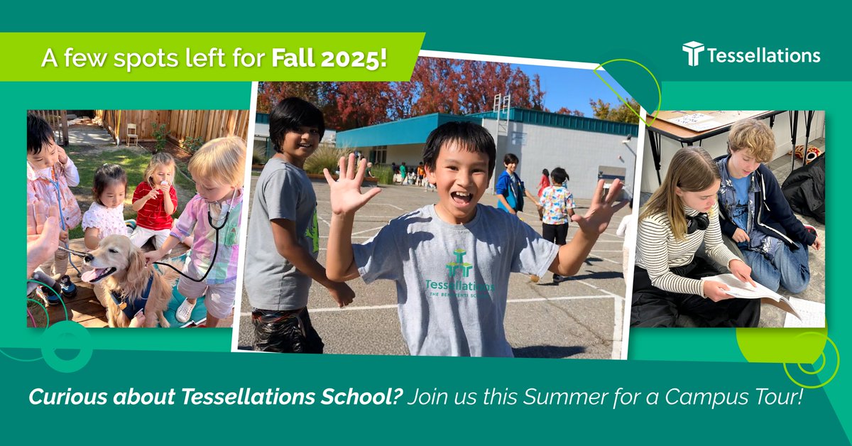 Tessellations_S's tweet photo. A few spots left for Fall 2025! Come tour Tessellations this Summer and explore hands-on, student-centered learning in a warm, inclusive community.
https://t.co/CtmSakdpsg
#CampusTours #BayAreaSchool #GiftedEd #TessellationsSchool https://t.co/E19VSVGkKu