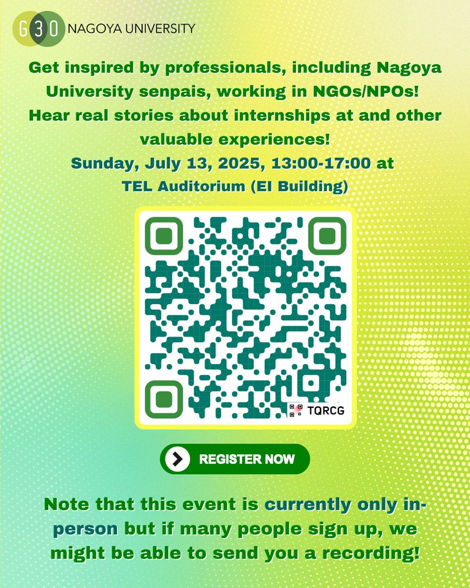 NU-EMI Career Path Seminar Spring '25 
Theme: Internships and work at NGOs/NPOs! 
July 13 at 13:00-17:00 | TEL Auditorium (EI Building) 
In-person participation only for NU students
Register: jp.surveymonkey.com/r/CDL9C2G