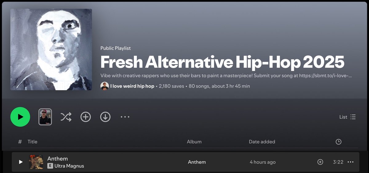 Hand'Solo Records (@handsolorecords) on Twitter photo Big up I Love Weird Hip Hop for adding the <a href="/UltraMagnusMC/">Ultra Magnus</a> single "Anthem" to their Fresh Alternative Hip-Hop 2025 playlist!
Check it here:
open.spotify.com/playlist/3hWo9… Big up I Love Weird Hip Hop for adding the <a href="/UltraMagnusMC/">Ultra Magnus</a> single "Anthem" to their Fresh Alternative Hip-Hop 2025 playlist!
Check it here:
open.spotify.com/playlist/3hWo9…