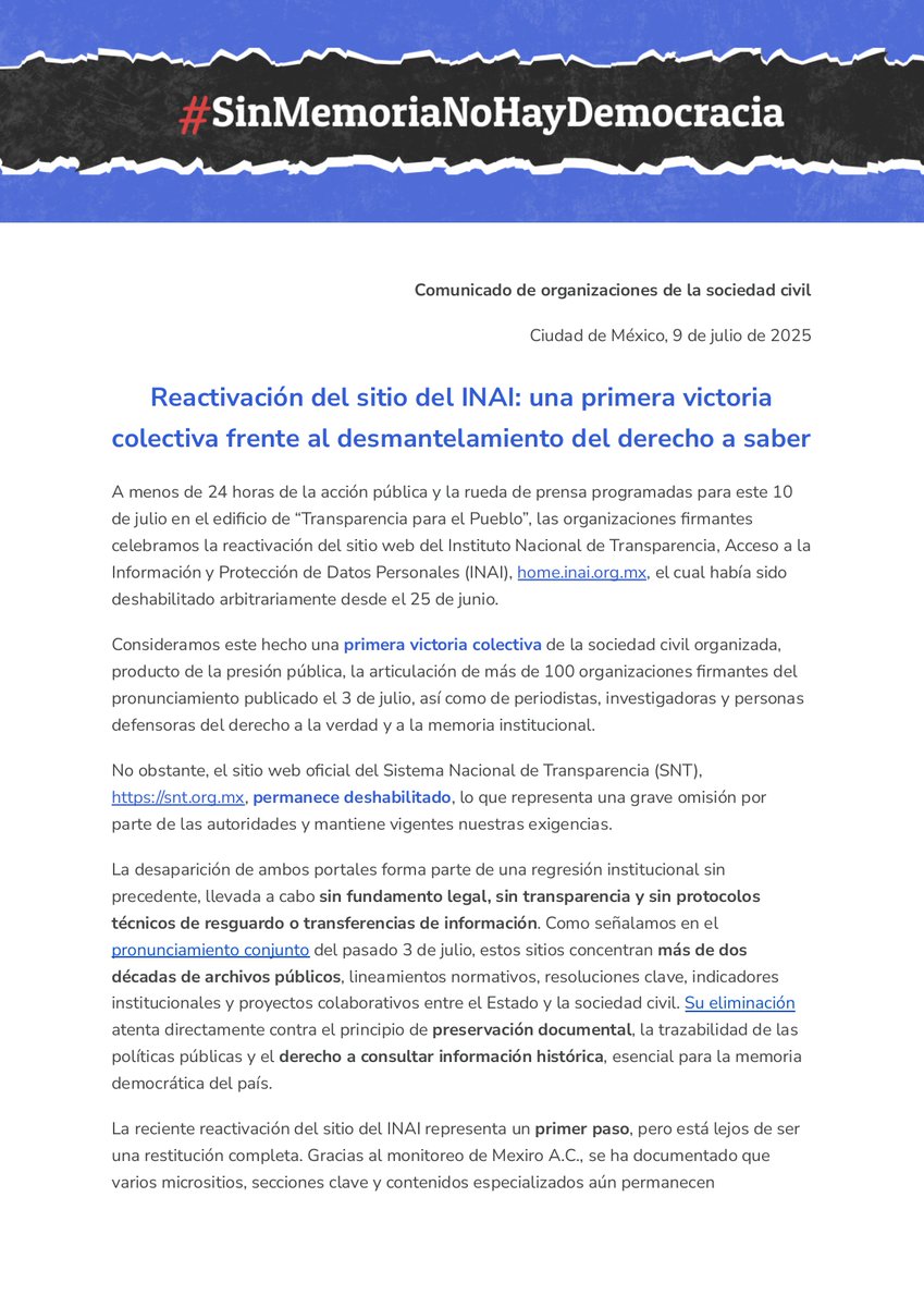 #SinMemoriaNoHayDemocracia | 🚨 A menos de 24 horas de la rueda de prensa convocada por + de 100 OSC, el sitio del <a href="/INAImexico/">INAI</a> fue reactivado

Lo consideramos una victoria colectiva, pero muchas secciones siguen caídas y el sitio del SNT continúa inhabilitado

⬇️Nuevo comunicado