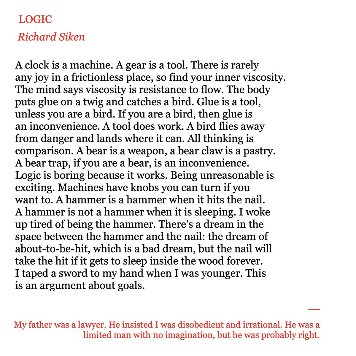 richardsiken's tweet image. Do I have any happy poems? No, I do not. Sometimes I try to be funny but it wears off fast and we descend pretty quickly. I need a break from the new poems. Here's an old one.