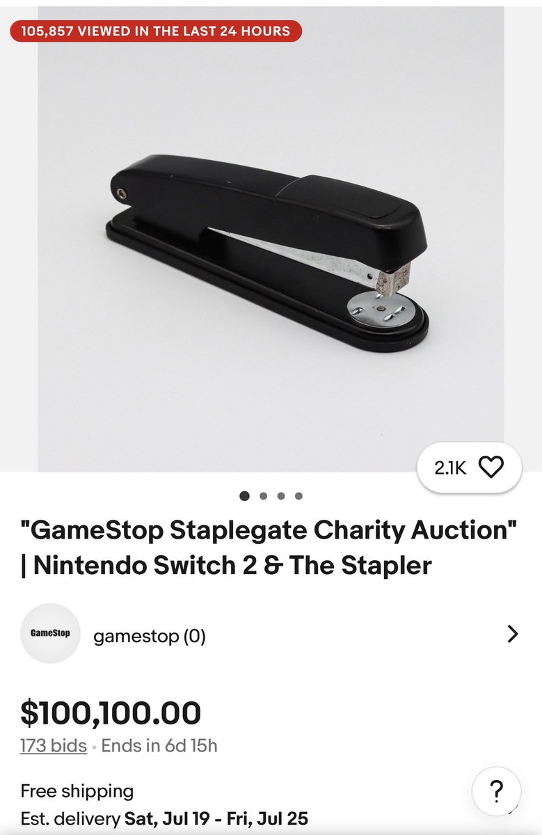 🚨 It just happened 🚨 

The GameStop Staplegate Stapler just 

crossed $100,000 on eBay.

For a used stapler.

Let that sink in.

No dark pools.

No hidden order flow.

No off-exchange manipulation.

Just buyers and sellers. Pure demand. Pure price discovery.

It feels like