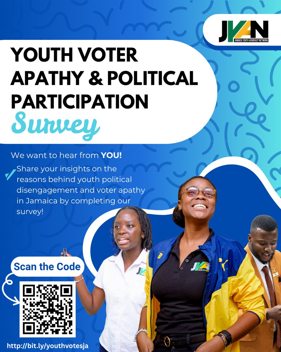 JYAN wants to hear from YOU!

Take our 6–7 min Youth Voter Apathy Survey to help us understand &amp; change youth political disengagement in 🇯🇲. 

🔗 bit.ly/youthvotesja

🔐 Anonymous, safe, impactful. 

Please share in your networks!

#YouthVotesJA #Jamaica #YouthVoices