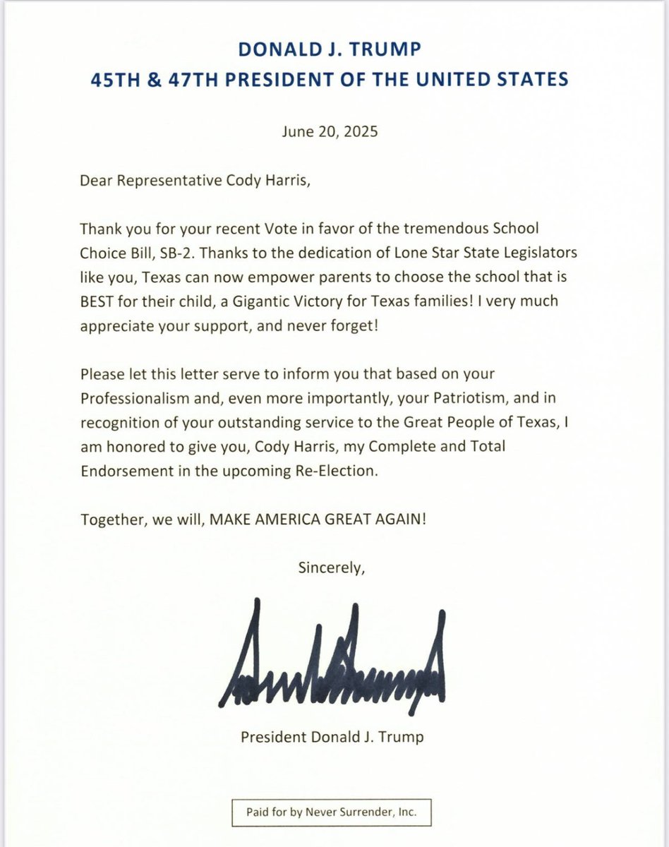 CodyforTexas's tweet image. 🚨HUGE NEWS! I just received the Complete and Total ENDORSEMENT of PRESIDENT TRUMP — and I couldn’t be more honored!
From day one, I’ve fought for our conservative values — defending our freedoms and leading the charge to empower parents in their children’s education. I’m proud…