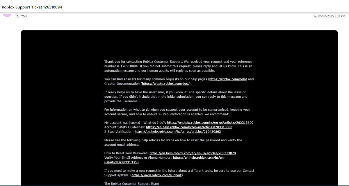 Justinhilly's tweet photo. My son’s account “seebothside” was hacked, and despite sending complete documentation, we’ve only gotten automated replies. We are days from the 30-day deadline passing.
Please escalate our case to a real person.
Roblox username: seebothside
#RobloxSupport #AccountRecovery #RobloxHelp