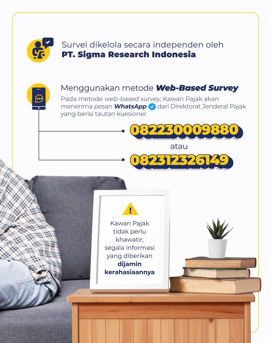 #KawanPajak kami mengundangmu untuk berpartisipasi dalam survei kepuasan layanan dan efektivitas penyuluhan &amp; kehumasan DJP, yang dikelola secara independen oleh PT. Sigma Research Indonesia.

Melalui metode Web-Based Survey, kamu mungkin akan menerima tautan kuesioner via