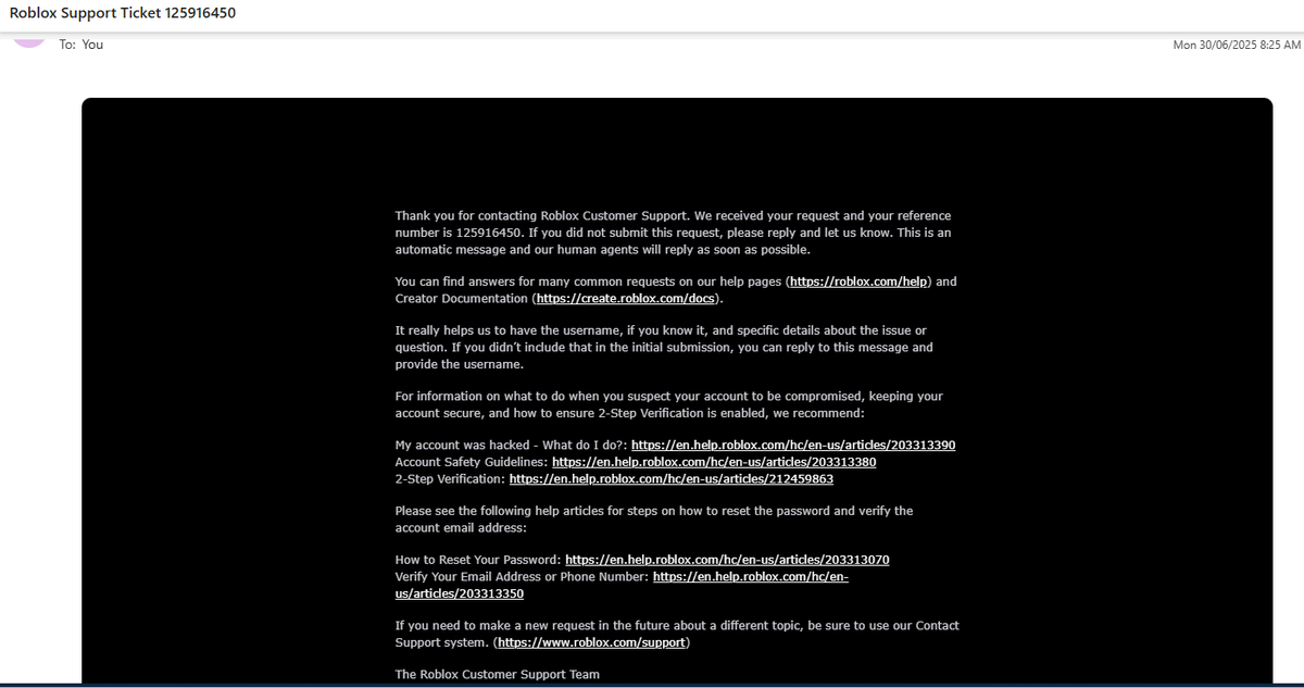 Justinhilly's tweet photo. My son’s account “seebothside” was hacked, and despite sending complete documentation, we’ve only gotten automated replies. We are days from the 30-day deadline passing.
Please escalate our case to a real person.
Roblox username: seebothside
#RobloxSupport #AccountRecovery #RobloxHelp