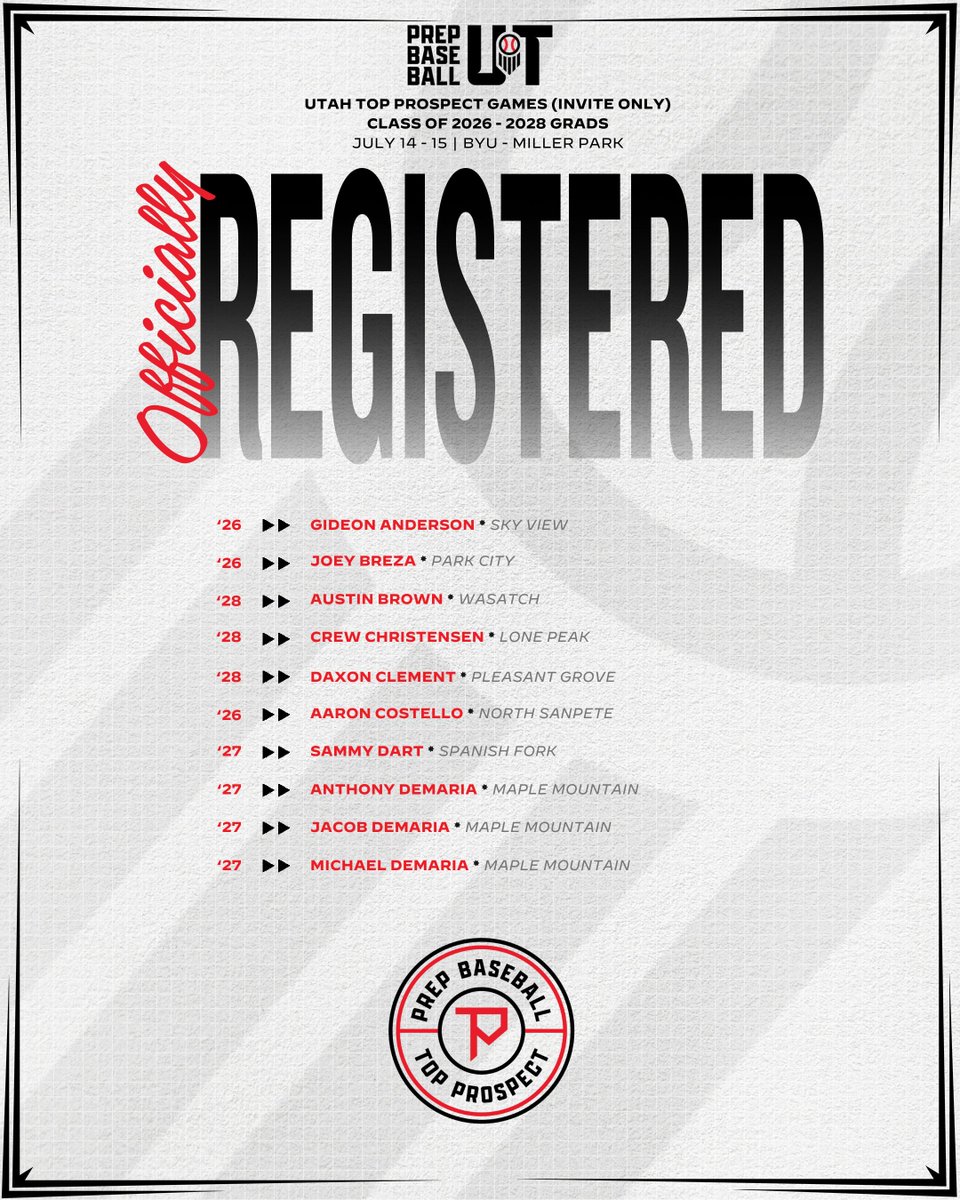 Prep Baseball Utah (@prepbaseballut) on Twitter photo ๐๐ญ๐๐ก ๐๐จ๐ฉ ๐๐ซ๐จ๐ฌ๐ฉ๐๐๐ญ ๐๐๐ฆ๐๐ฌ - ๐๐จ๐ฌ๐ญ๐๐ซ ๐๐๐๐ข๐ญ๐ข๐จ๐ง๐ฌ
We continue to highlight the players attending the Utah Top Prospect Games coming up on July 14/15th at BYU. View all upcoming Utah Events at the link below. โฌ๏ธ #BeSeen
๐ loom.ly/IKoDmQg | ๐๐ญ๐๐ก ๐๐จ๐ฉ ๐๐ซ๐จ๐ฌ๐ฉ๐๐๐ญ ๐๐๐ฆ๐๐ฌ - ๐๐จ๐ฌ๐ญ๐๐ซ ๐๐๐๐ข๐ญ๐ข๐จ๐ง๐ฌ
We continue to highlight the players attending the Utah Top Prospect Games coming up on July 14/15th at BYU. View all upcoming Utah Events at the link below. โฌ๏ธ #BeSeen
๐ loom.ly/IKoDmQg |