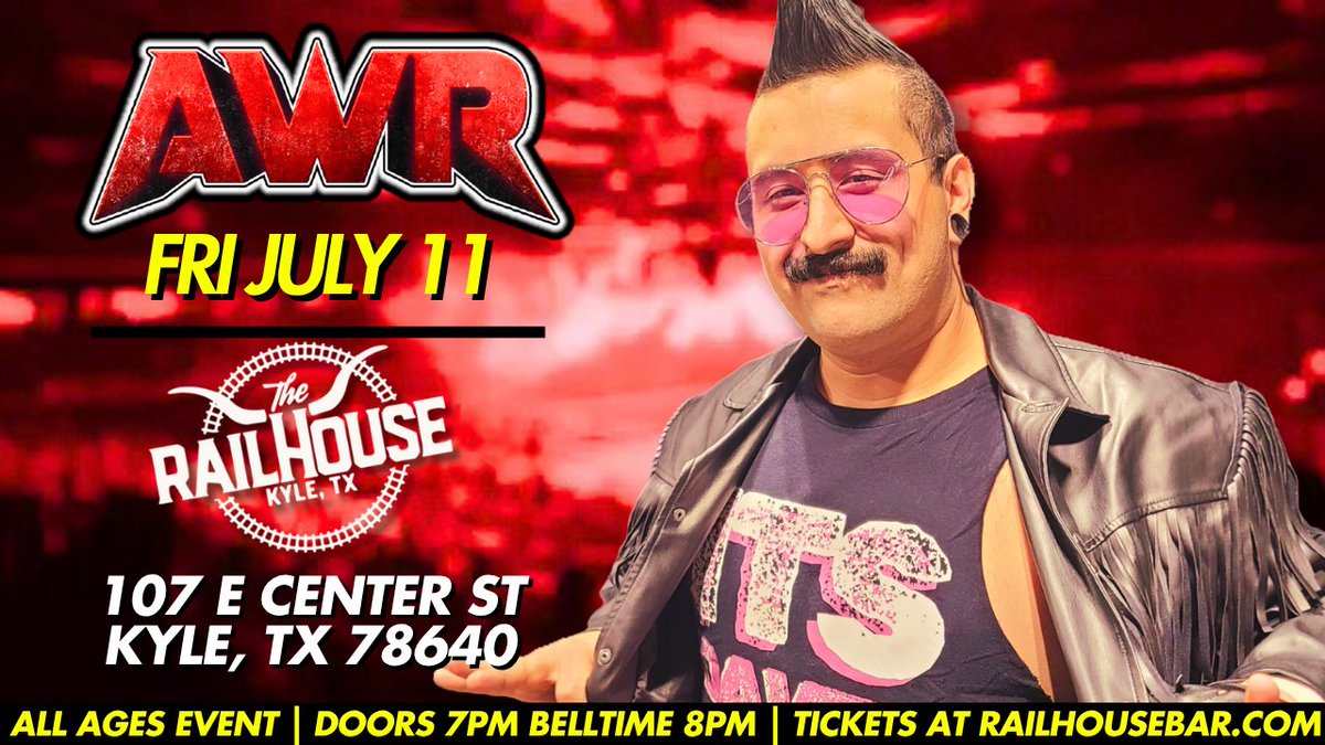 Get ready, wrestling fans! AWR Wrestling is returning to the The Railhouse Bar in Kyle, Texas Friday July 11th for an action-packed night you won't want to miss! 
Tickets at tickets.holdmyticket.com/tickets/450067…

Belltime 8pm! All Ages event!