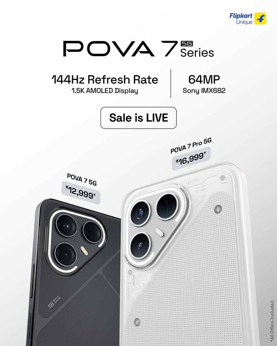 It’s go time! Sale is live on POVA 7 Series.

You get:
➡️ 6.78” 1.5K AMOLED Display
➡️ 6000mAh Big Battery
➡️ 30W Wireless Charging
➡️ Ella AI
➡️ No Network Communication*

And much more. Get it today on Flipkart.

Shop now ➡️ knw.one/Pova7

#POVA | #POVA7Series