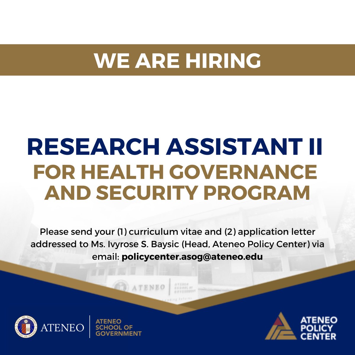 The Ateneo School of Government, through the Ateneo Policy Center, is seeking qualified candidates for the Research Assistant II position under the Health Governance and Security Program.

ateneo.edu/news/opportuni…

Deadline for the submission of applications is on July 15, 2025.