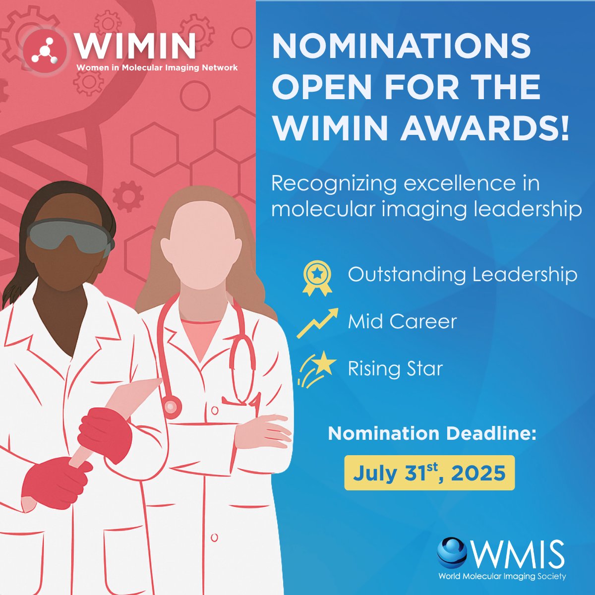 WIMIN_WMIS's tweet image. 🏆 Nominations open for the 2025 #WIMIN Awards!
Help us celebrate women in #MolecularImaging:

🌟 Outstanding Leadership
🌟 Mid-Career
🌟 Rising Star (self-nominations welcome)

Deadline: July 31
Honorees at #WMIC2025 in Alaska

🔗 ow.ly/et4H50WkHaz
#WomenInSTEM