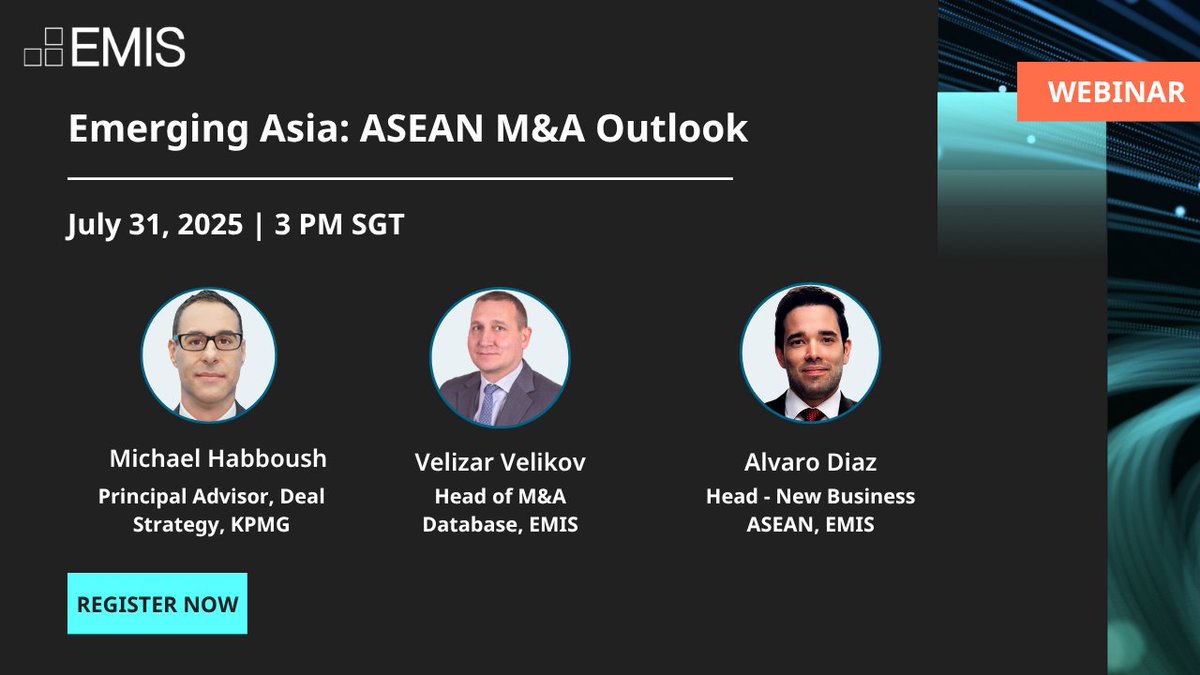 Join us on July 31 for an insightful panel discussion as we delve into the dynamic Emerging Asia: ASEAN M&amp;A landscape.

𝗥𝗲𝗴𝗶𝘀𝘁𝗲𝗿 𝗻𝗼𝘄: eu1.hubs.ly/H0lFT790

#MergersandAcquisitionsOutlook #ASEAN