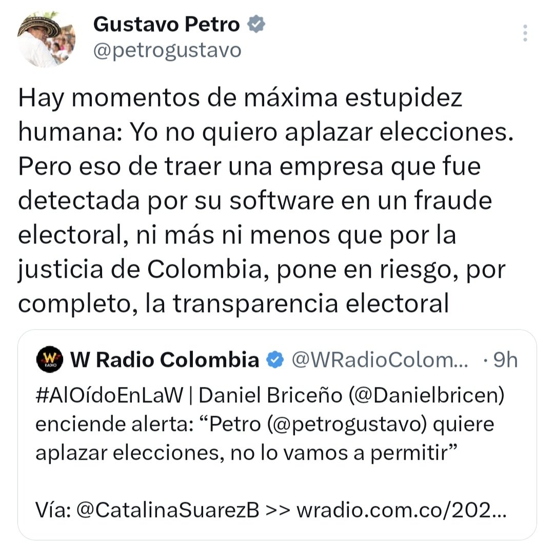 Maicol Cajamarca (@maicajamarca_) on Twitter photo Sólo los enfermos de poder creen y difunden la descabellada idea de que el Presidente <a href="/petrogustavo/">Gustavo Petro</a> pretende aplazar las elecciones del 2026.
Lo que hace el Presidente de la República es alertar sobre un posible fraude a raíz de la contratación de un software poco confiable Sólo los enfermos de poder creen y difunden la descabellada idea de que el Presidente <a href="/petrogustavo/">Gustavo Petro</a> pretende aplazar las elecciones del 2026.
Lo que hace el Presidente de la República es alertar sobre un posible fraude a raíz de la contratación de un software poco confiable
