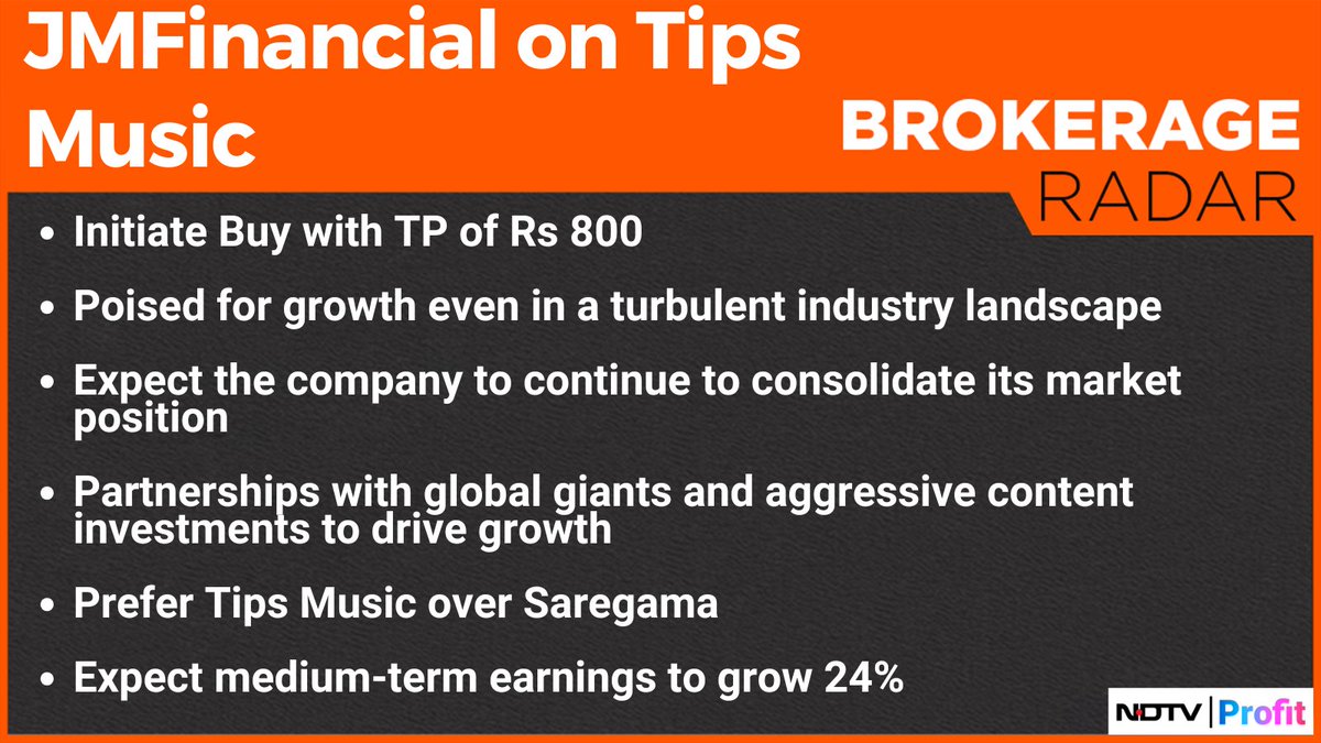 NDTVProfitIndia's tweet image. #JMFinancial initiates 'buy' rating on #TipsMusic with target price of Rs 800

For more, visit our Research Reports section: bit.ly/3HrgiME