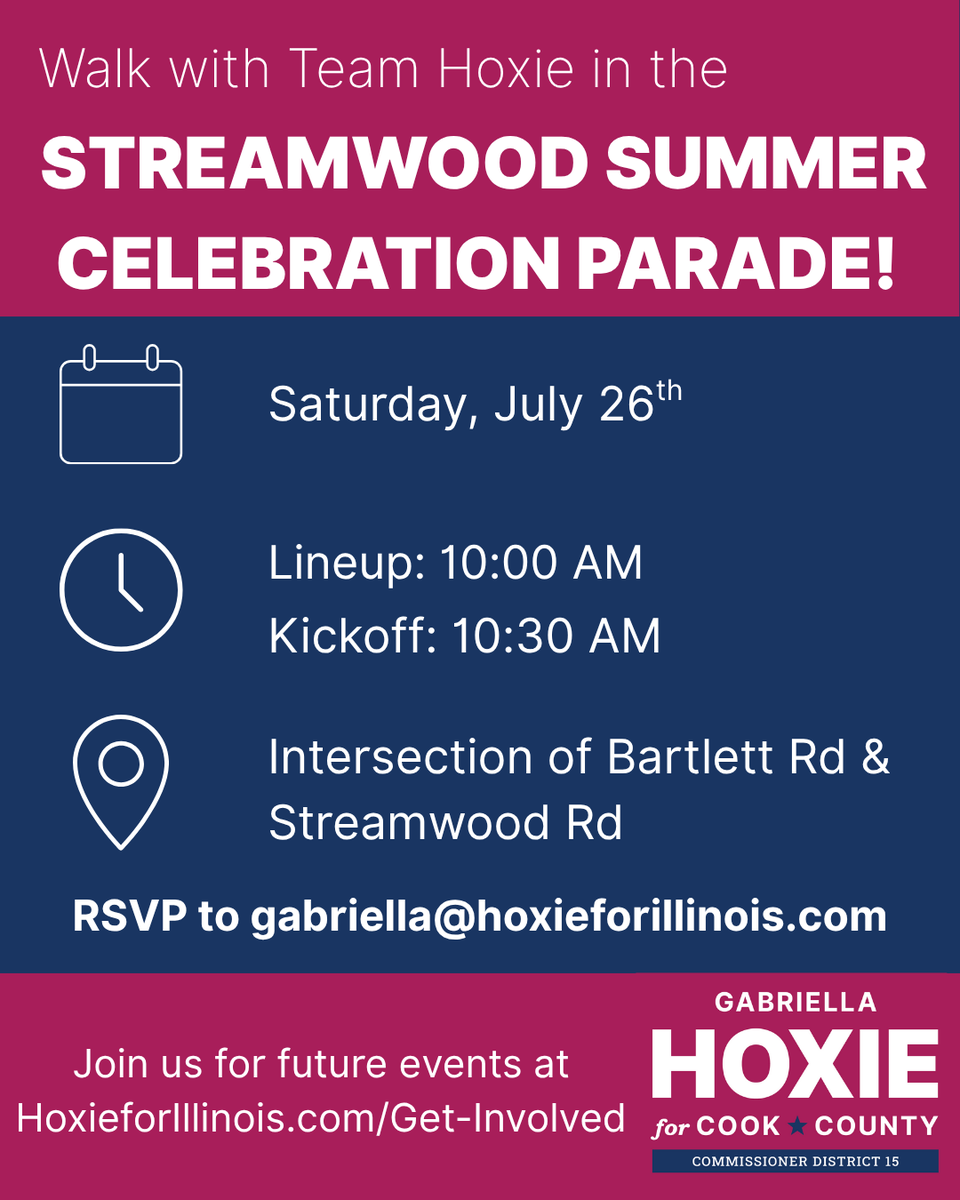 GabriellaHoxie's tweet image. Come walk with us in the Streamwood Summer Celebration Parade! If you believe in bringing common-sense, accountable governance to Cook County, join us! It'll be a fun, family-friendly event for everyone to enjoy. Hope to see you there!