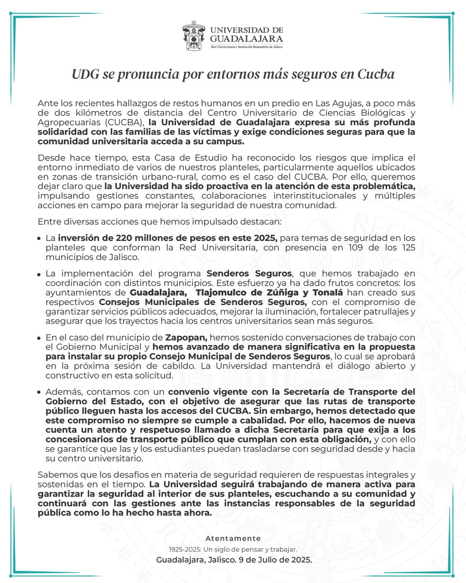📢 #ComunicadoUdeG 

En la Universidad de Guadalajara nos pronunciamos por entornos más seguros para nuestra comunidad universitaria en #CUCBA.