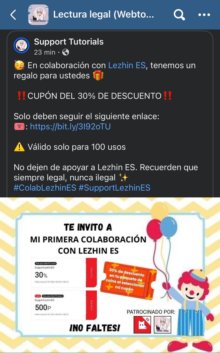 Amistades <a href="/supportutorials/">Support Tutorials</a> está haciendo colaboración con <a href="/Lezhin_ES/">LEZHIN ES</a> 

Corran porque es un cupón de descuento del 30%!!!!! Y solo es para 100 personas, yo lo ocupé en el paquete más caro, fueron $14dls / $263 mxn

🎟️ bit.ly/3I92oTU

Y aprovecho para recomendar que la