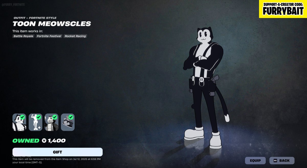 furry_fortnite's tweet photo. The Inkville Gang tab is back with Toon Meowscles (again, without his bundle, which Fortnite might as well delete at this point), his pickaxe and the Inkville Gang Pack featuring Toon Bushy and Toon Peely.

Use code FURRYBAIT in the Shop to support us! #EpicPartner #FurryFortnite https://t.co/NJC6VrFubY