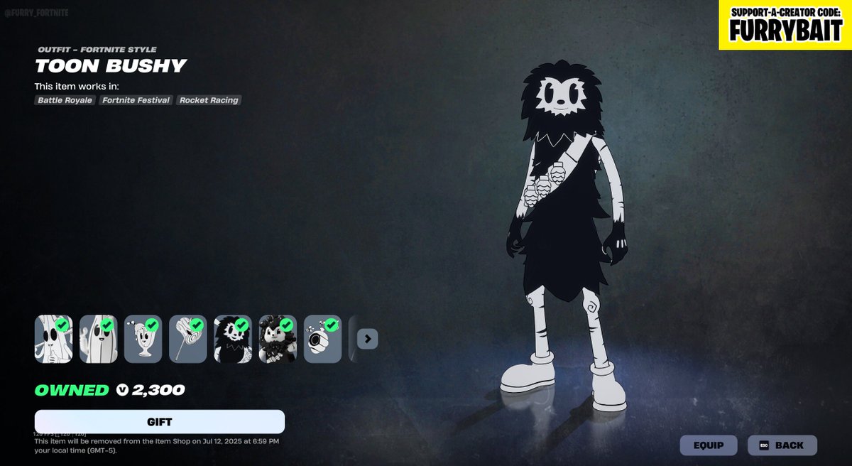 furry_fortnite's tweet photo. The Inkville Gang tab is back with Toon Meowscles (again, without his bundle, which Fortnite might as well delete at this point), his pickaxe and the Inkville Gang Pack featuring Toon Bushy and Toon Peely.

Use code FURRYBAIT in the Shop to support us! #EpicPartner #FurryFortnite https://t.co/NJC6VrFubY