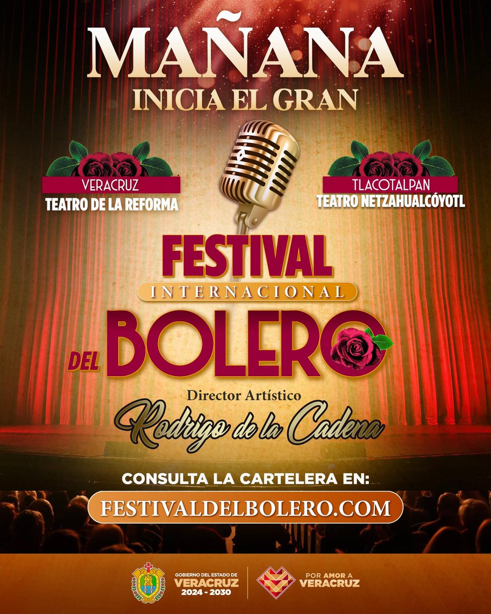 🎶 ¡Mañana inicia el gran Festival Internacional del Bolero!

Disfrútalo en:
📍 Veracruz – Teatro de la Reforma
📍 Tlacotalpan – Teatro Netzahualcóyotl

Con la dirección artística de Rodrigo de la Cadena, el bolero brillará y sonará en todo su esplendor.

#VeracruzEstáDeModa🙌