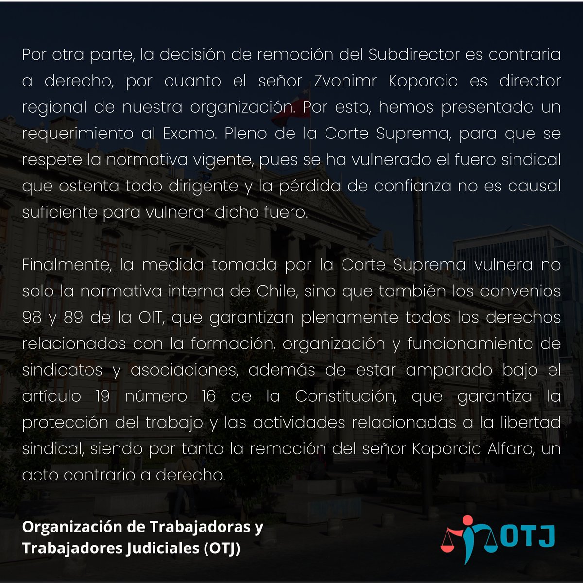 COMUNICADO OTJ_ 
Caso #Lexus: #CorteSuprema se blanquea comunicacionalmente removiendo al Director y Subdirector de la Corporación Administrativa del Poder Judicial 

#CorteSuprema #PoderJudicial