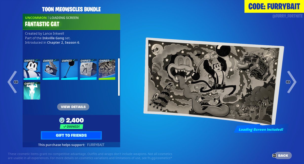 furry_fortnite's tweet photo. Next week the Toon Meowscles bundle will have been out of the Item Shop for 600 days, meaning both the Toon Meowscles loading screen and Lobby Track (which might be to blame) have not been available for that long, despite Toon Meowscles returning to the Shop CONSTANTLY. https://t.co/8wS9j4oBy0