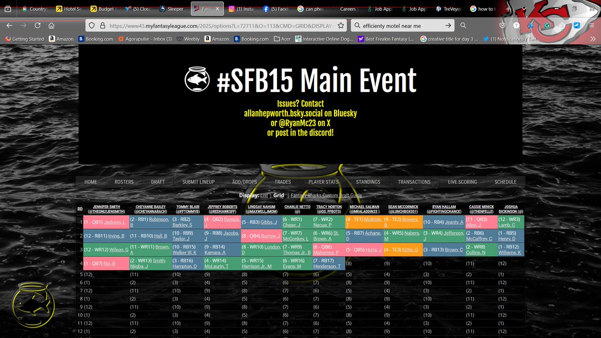 GG_FFBOTS (@gg_ffbots) on Twitter photo This is how things are going so far in my #SFB15 draft. I am very happy with my picks so far. Thoughts?
<a href="/JakesFFootball/">Jake's Fantasy Football</a> <a href="/ScottHanson/">Scott Hanson</a> <a href="/JohnCena/">John Cena</a> <a href="/RotoVizRadio/">RotoViz Radio</a> <a href="/JimCoventryNFL/">Jim Coventry</a> #ChiefsKingdom
<a href="/OvertimeIreland/">Colm Kelly</a> This is how things are going so far in my #SFB15 draft. I am very happy with my picks so far. Thoughts?
<a href="/JakesFFootball/">Jake's Fantasy Football</a> <a href="/ScottHanson/">Scott Hanson</a> <a href="/JohnCena/">John Cena</a> <a href="/RotoVizRadio/">RotoViz Radio</a> <a href="/JimCoventryNFL/">Jim Coventry</a> #ChiefsKingdom
<a href="/OvertimeIreland/">Colm Kelly</a>