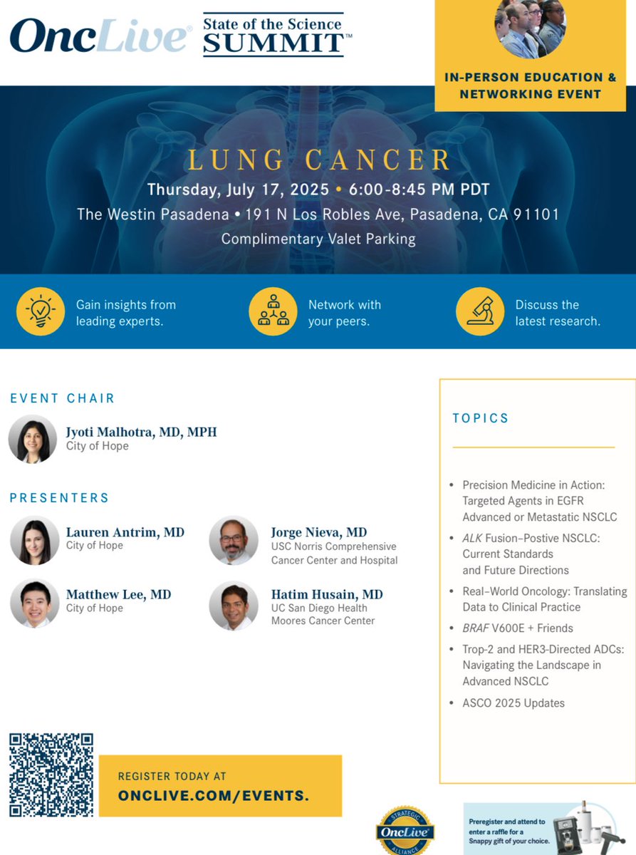Jyoti Malhotra (@jyotimalhotramd) on Twitter photo Join us July 17 in Pasadena with <a href="/OncLive/">OncLive.com</a> as we review updates in targeted therapies for NSCLC with stellar panel of thoracic faculty: #MatthewLee & #LaurenAntrim (<a href="/COHMedOnc/">City of Hope Department of Medical Oncology</a>), <a href="/nievamd/">Jorge Nieva</a> (<a href="/uscnorris/">USC Norris Comprehensive Cancer Center</a>) and #HatimHusain (<a href="/UCSDCancer/">UC San Diego Health Moores Cancer Center</a>) Join us July 17 in Pasadena with <a href="/OncLive/">OncLive.com</a> as we review updates in targeted therapies for NSCLC with stellar panel of thoracic faculty: #MatthewLee & #LaurenAntrim (<a href="/COHMedOnc/">City of Hope Department of Medical Oncology</a>), <a href="/nievamd/">Jorge Nieva</a> (<a href="/uscnorris/">USC Norris Comprehensive Cancer Center</a>) and #HatimHusain (<a href="/UCSDCancer/">UC San Diego Health Moores Cancer Center</a>)