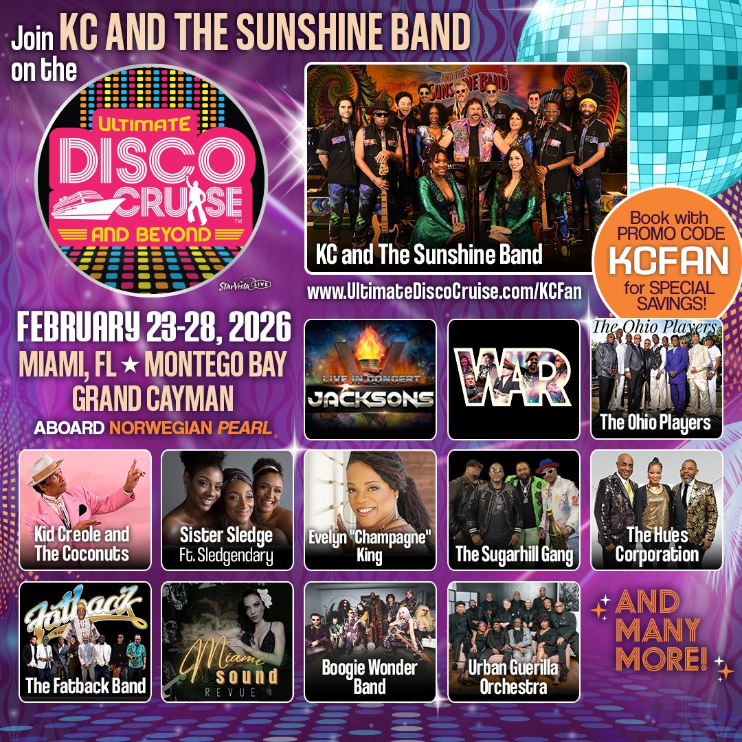 The Ultimate Disco Cruise and Beyond 2026 is over 85% sold! 🚢🪩 Don’t miss 40+ LIVE performances, non-stop dancing, and a luxury cruise experience like no other. Book now and use code KCFAN for an exclusive cabin rate: ultimatediscocruise.com/kcfan