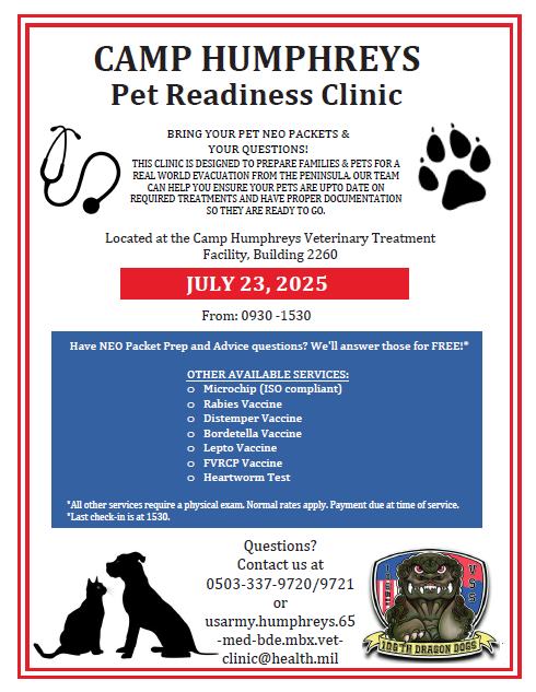 Eighth Army (@eightharmykorea) on Twitter photo Come out to Pet Readiness Day July 23 from 9:30 a.m. to 3:30 p.m. at the Camp Humphreys Veterinary Treatment Facility. Ensure your furry friends (🐱🐶) are up-to-date on vaccinations and other <a href="/USForcesKorea/">U.S. Forces Korea</a> pet requirements. Come out to Pet Readiness Day July 23 from 9:30 a.m. to 3:30 p.m. at the Camp Humphreys Veterinary Treatment Facility. Ensure your furry friends (🐱🐶) are up-to-date on vaccinations and other <a href="/USForcesKorea/">U.S. Forces Korea</a> pet requirements.
