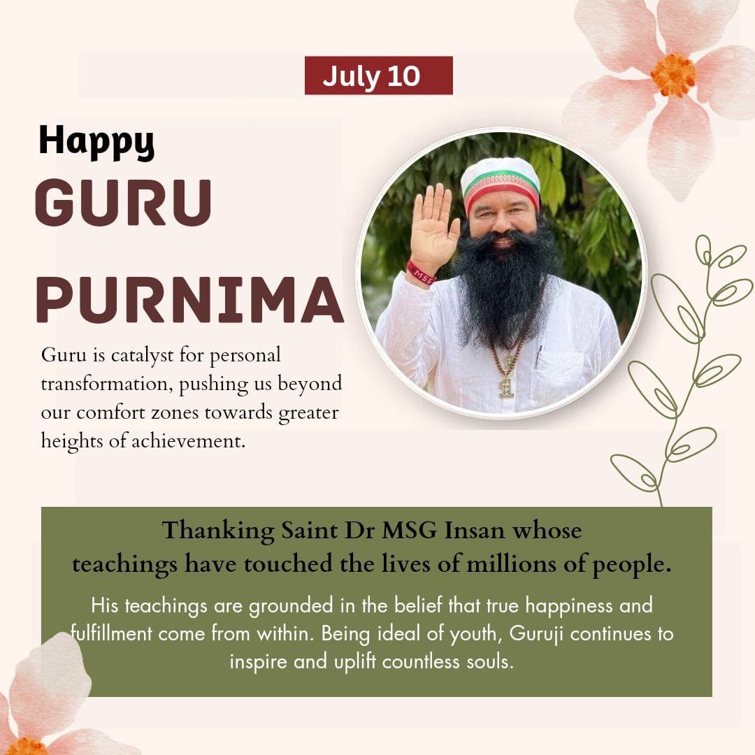 हर एक की जिंदगी में एक पूर्ण गुरु होना बहुत ज़रूरी है।जो हमे सही मार्गदर्शन करें🌹
ऐसे ही एक गुरु Saint Dr MSG Insan जो करोड़ो लोगो को मानवता भलाई कार्य करने की प्रेरणा दे रहे है।
#गुरु_पूर्णिमा के शुभ अवसर पर गुरु जी को के कोटि कोटि प्रणाम🙇
#GuruPurnima 
#GuruPurnima2025