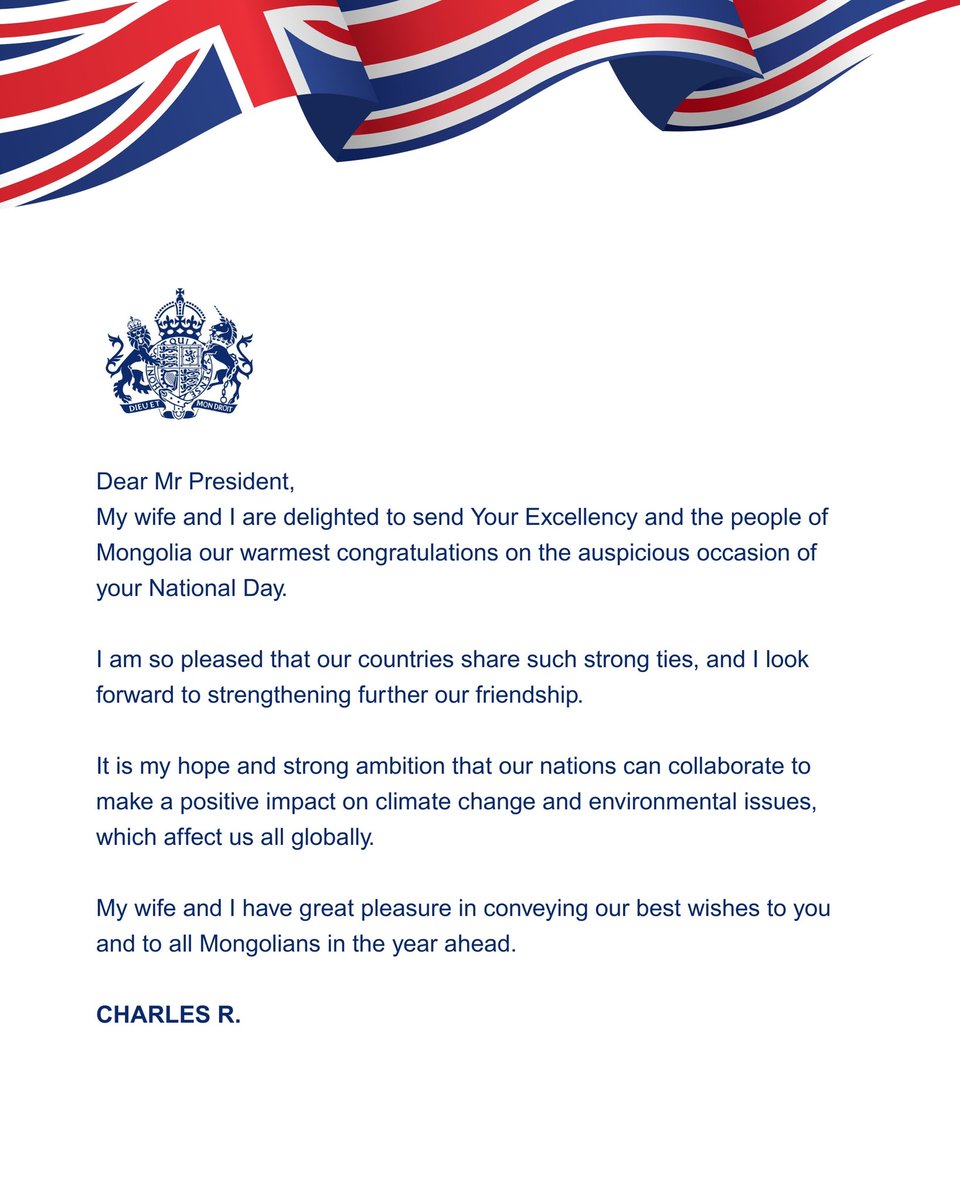 Цог Жавхлант Хаан гуравдугаар Чарльзаас Эрхэмсэг Ноён Ерөнхийлөгч У.Хүрэлсүх болон Монголын нийт ард түмэнд ҮНДЭСНИЙ ИХ БАЯР НААДМЫН мэндчилгээ илгээснийг та бүхэнд хүргэж байна.