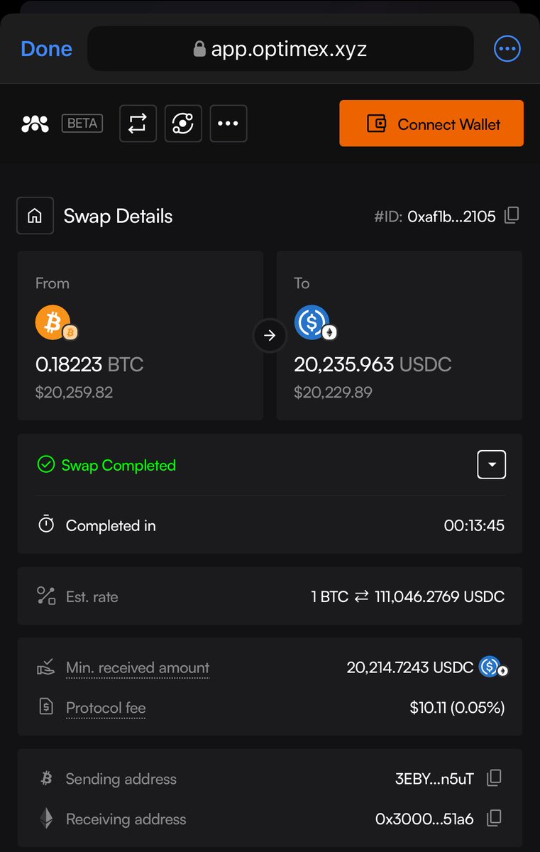 Swap native $BTC directly from your own wallet without any third-party custodial fret, all in less than 14 mins. 

Just use <a href="/optimex_xyz/">Optimex</a>