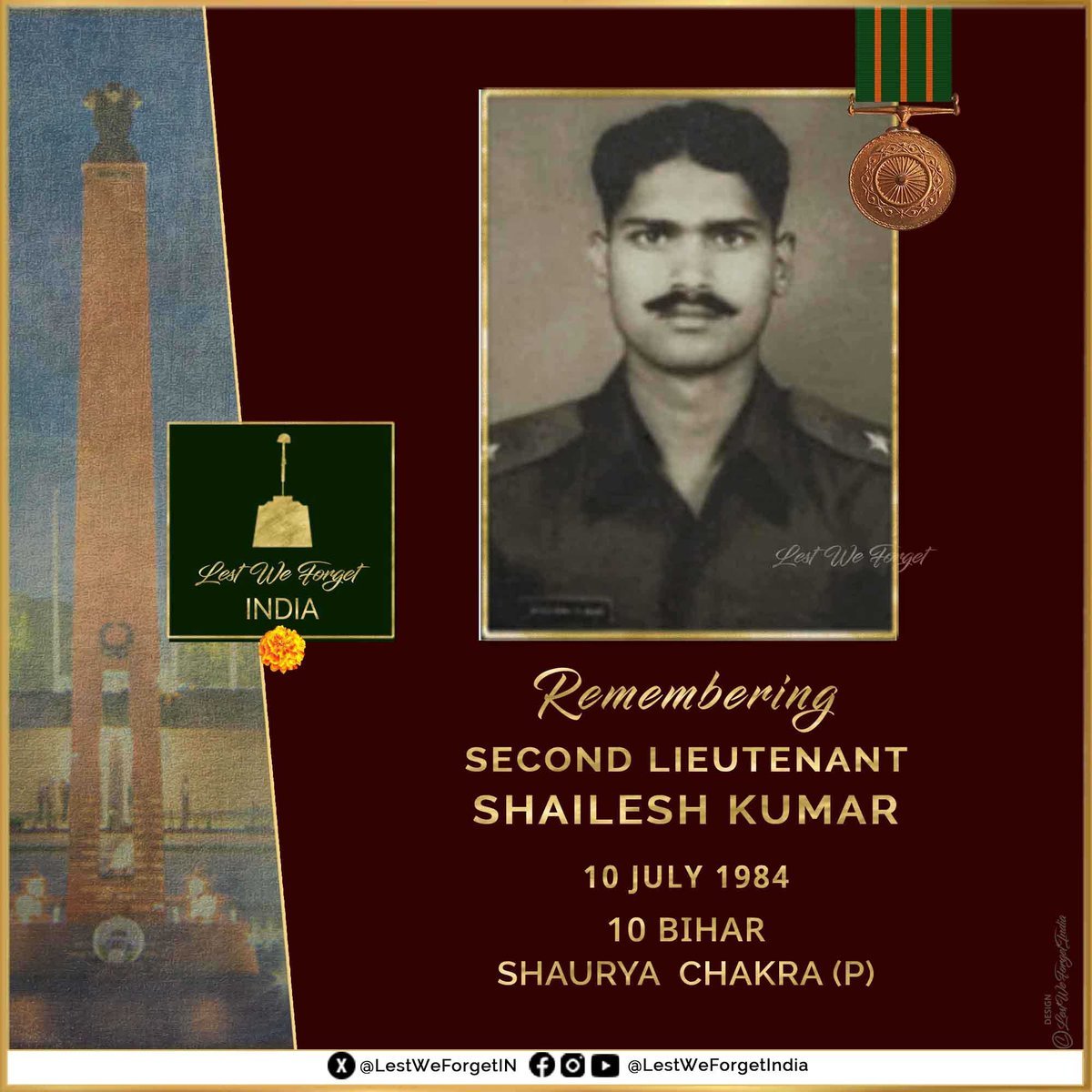 #LestWeForgetIndia🇮🇳  Second Lieutenant Shailesh Kumar, Shaurya Chakra (P), 10 BIHAR, laid down his life #OnThisDay 10 July in 1984 fighting anti-national elements in Amritsar, Punjab    

Remember the supreme sacrifice of the gallant #IndianBrave, paid to defend the Nation at