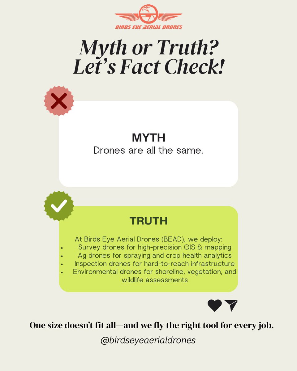BirdsEyeDrones's tweet image. Myth: All drones are the same.
 Truth: The right drone = the right results.
At BEAD, we fly survey drones, ag drones, inspection drones &amp;amp; more—because one size doesn’t fit all.

🎯 Precision. Performance. Purpose.
#BEADfromAbove #DroneFacts #AerialTech #MythBusted